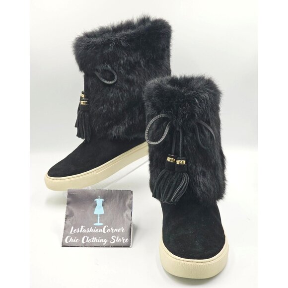 Tory Burch Women's Black Suede Leather Rabbit Fur Anjelica Boots Sz 9 2863 - Picture 1 of 16